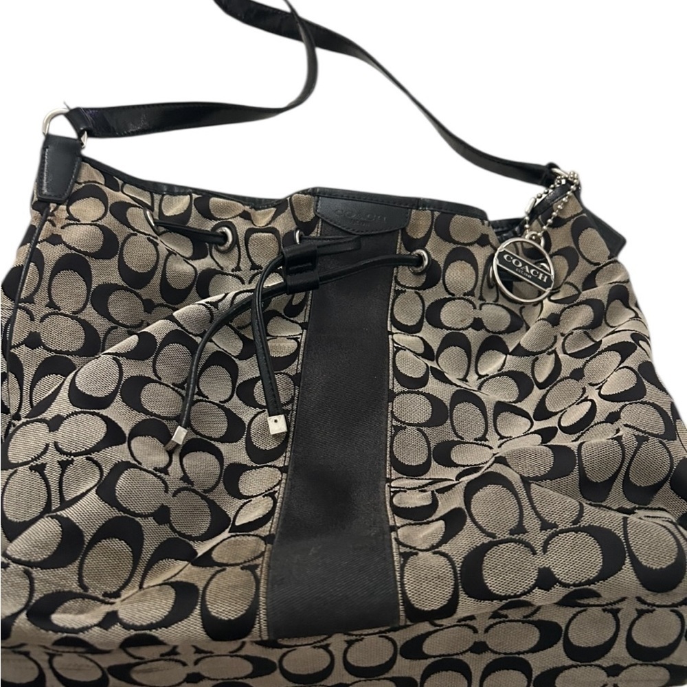 Coach Monogram Drawstring Removable Crossbody Shoulder Strap Bag Black and Gray - Picture 4 of 5